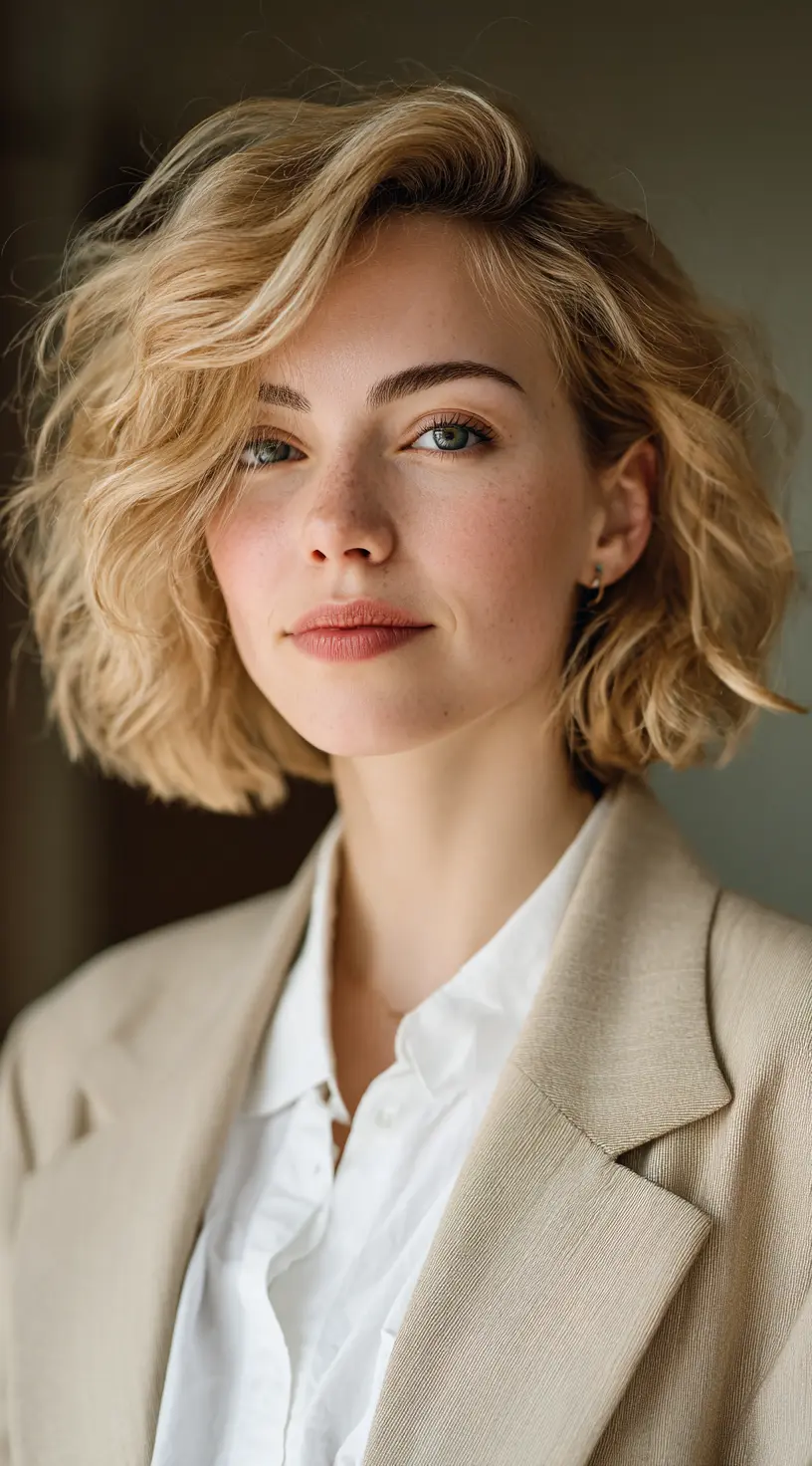 Beige Blonde Curly French Bob