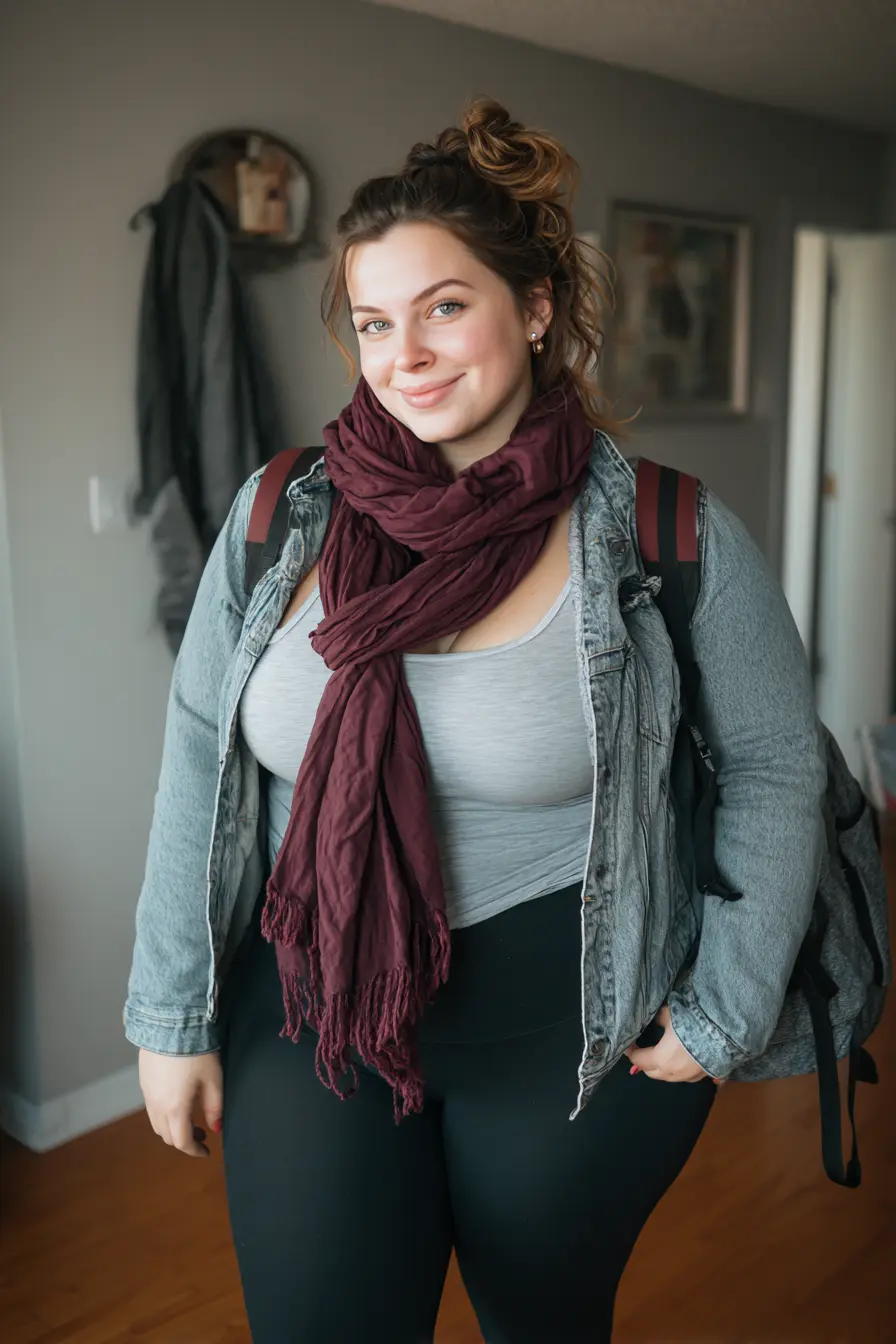 Denim Jacket with Scarf and Leggings