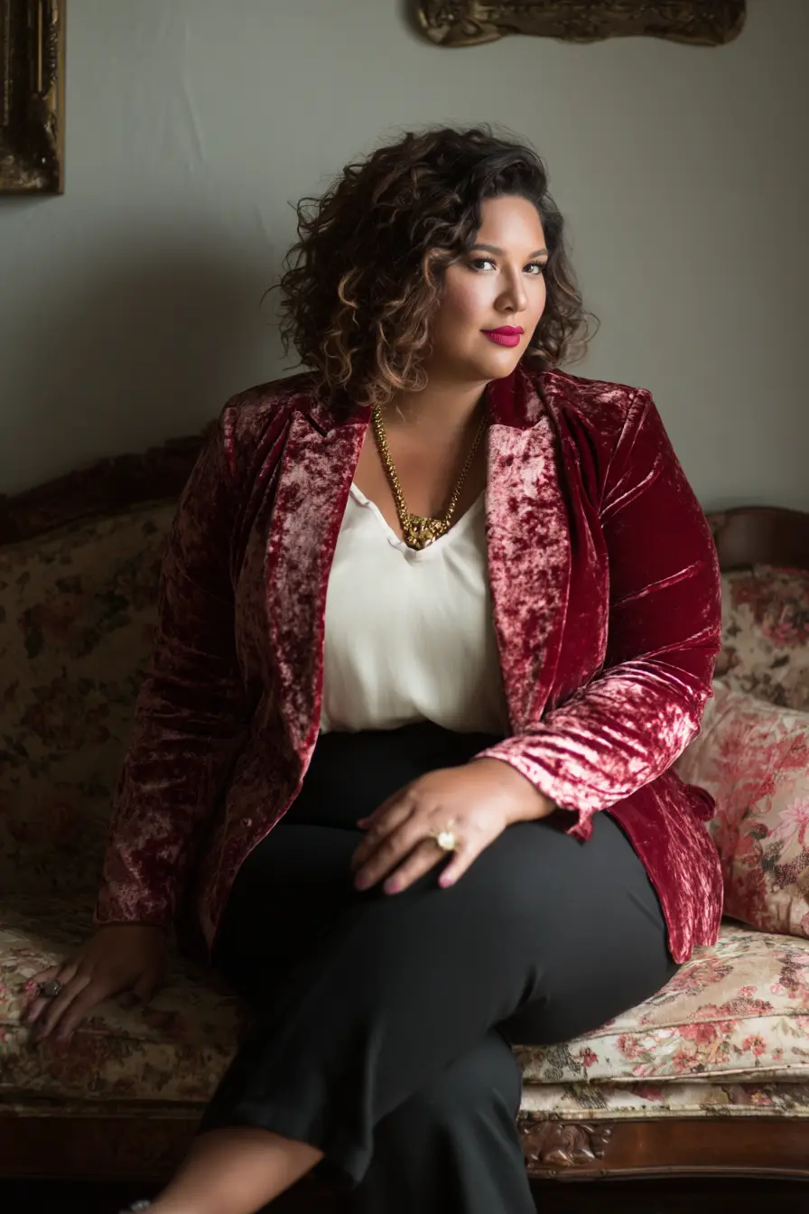 Burgundy Velvet Blazer with Classic Winter Layers