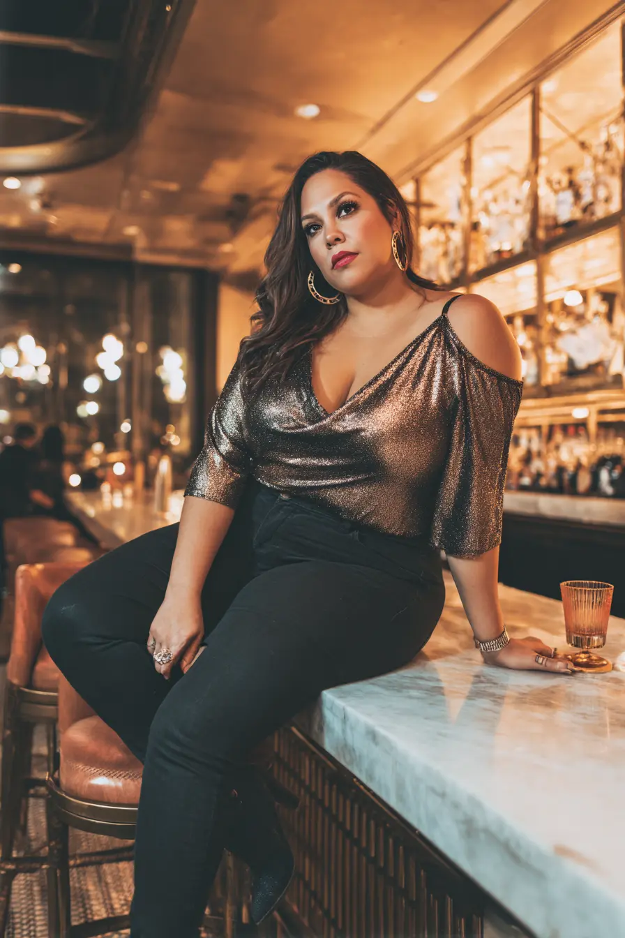 Metallic Cold-Shoulder Top with Black Denim