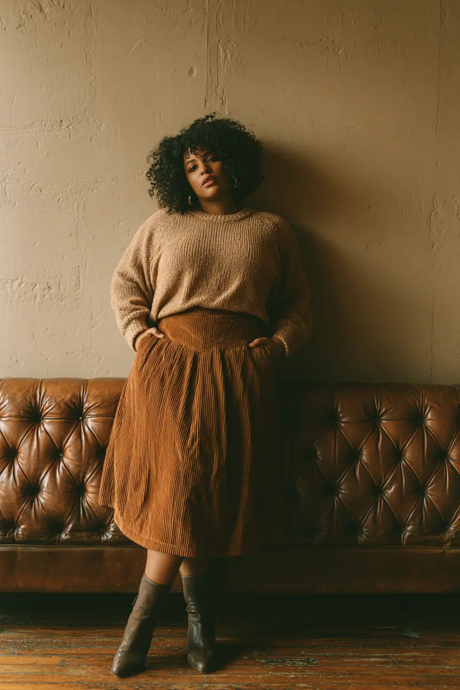 Fisherman Sweater with Corduroy Skirt