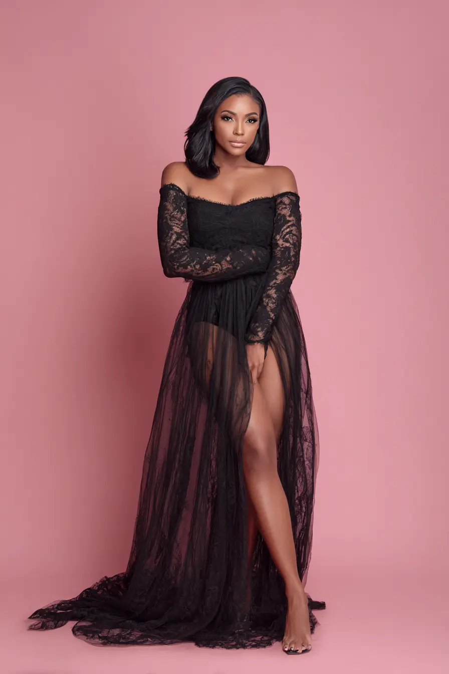 Black Lace Off-Shoulder Tulle Maxi Dress for Fall Weddings