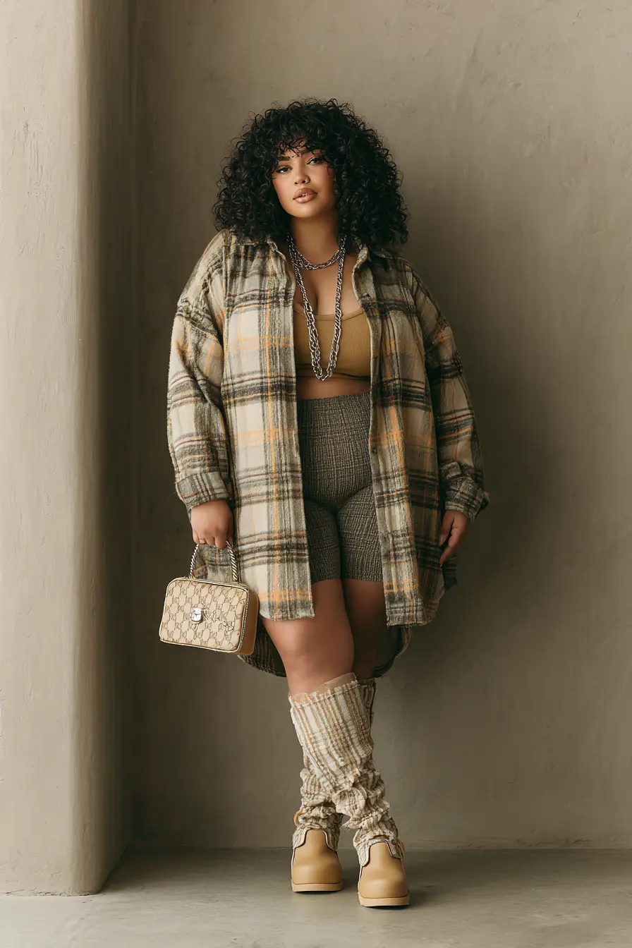 Oversized Flannel with Bike Shorts and Tall Boots