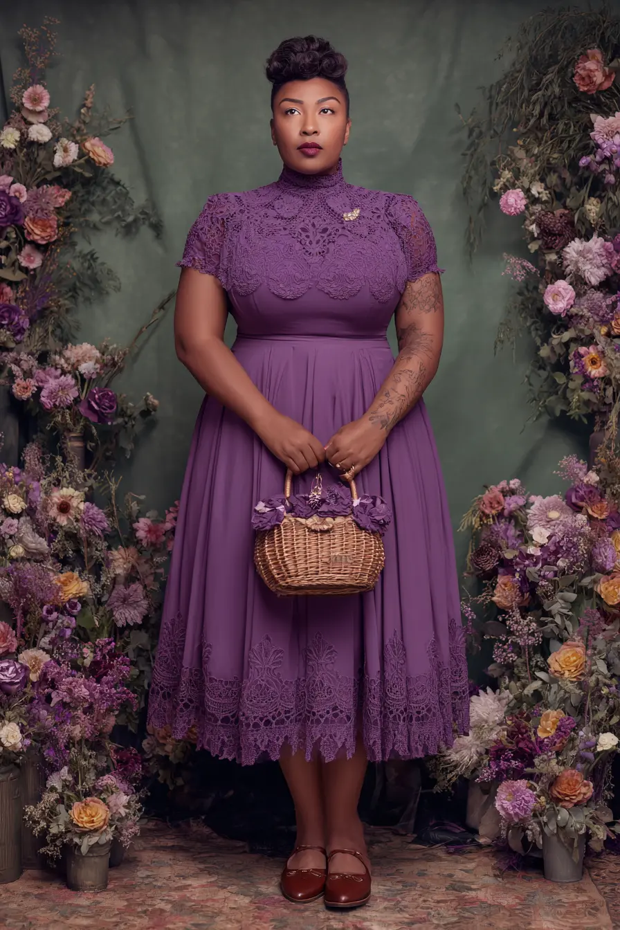 Plus Size Plum Purple Chiffon Tea Length Wedding Guest Dress