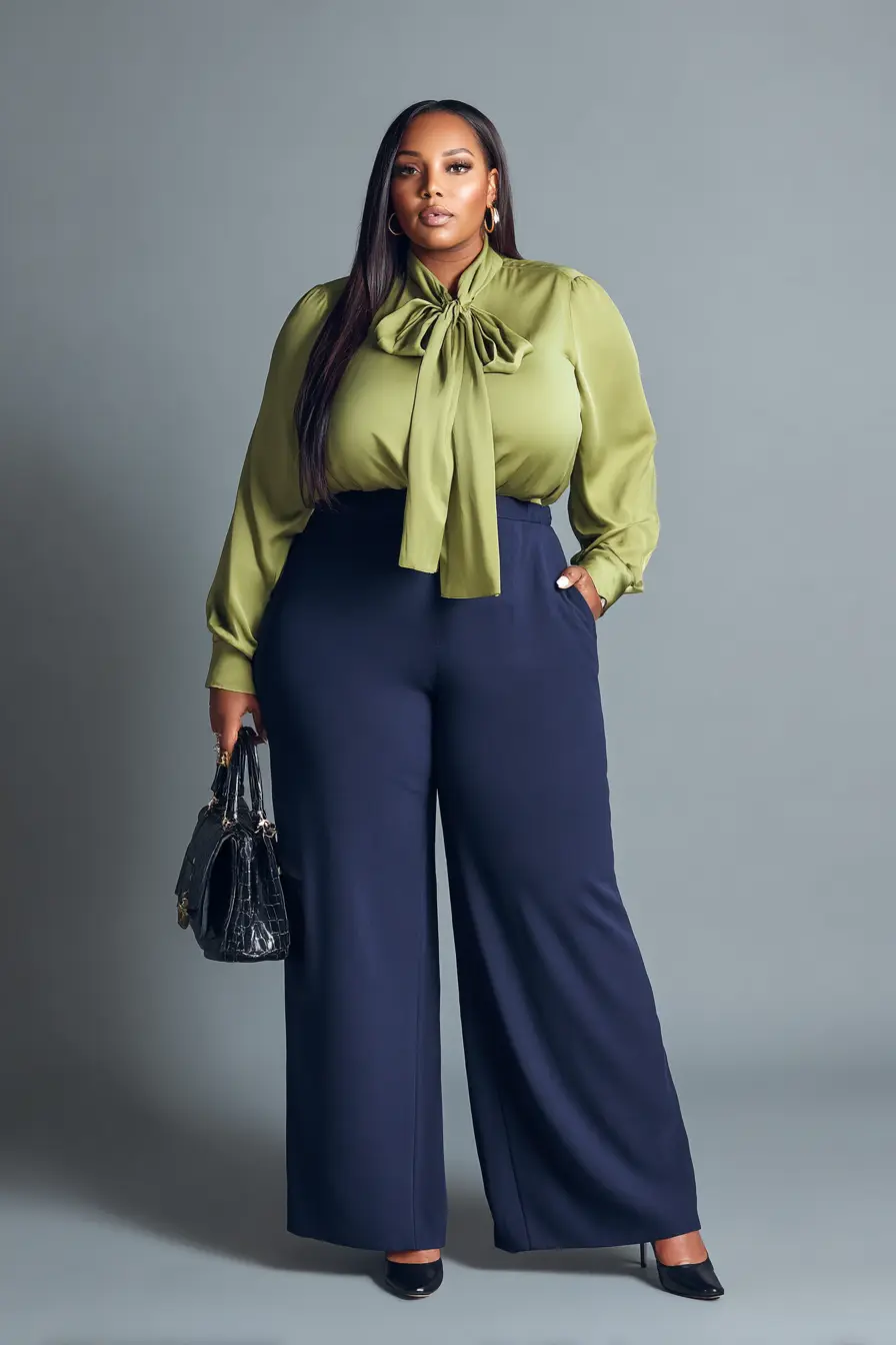 Sage Green Blouse with Navy Wide-Leg Pants