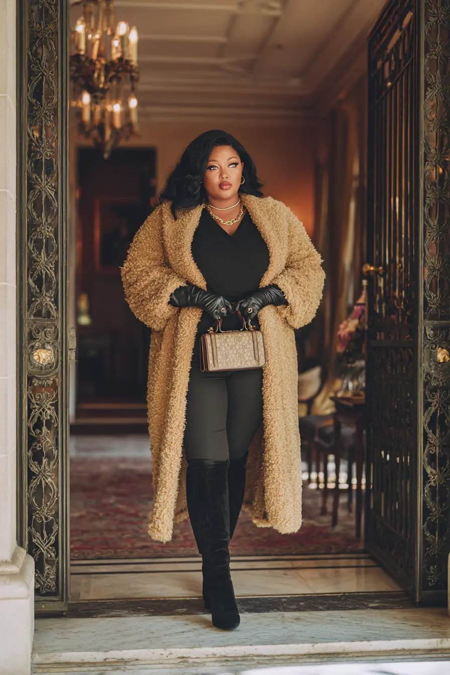 Teddy Bear Coat With Sleek Black Layers