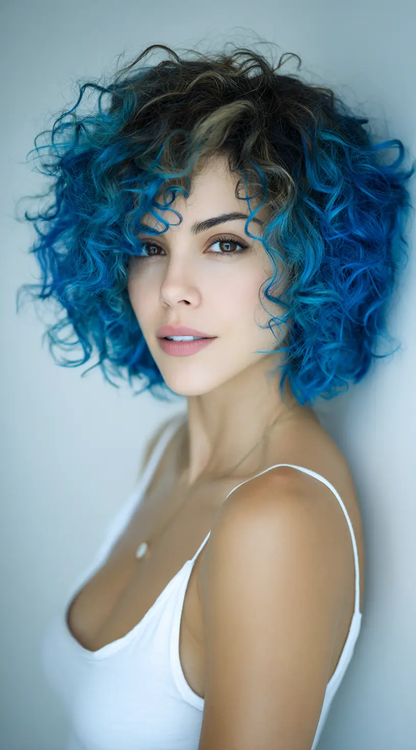 Midnight to Electric Blue Balayage on Curly Hair