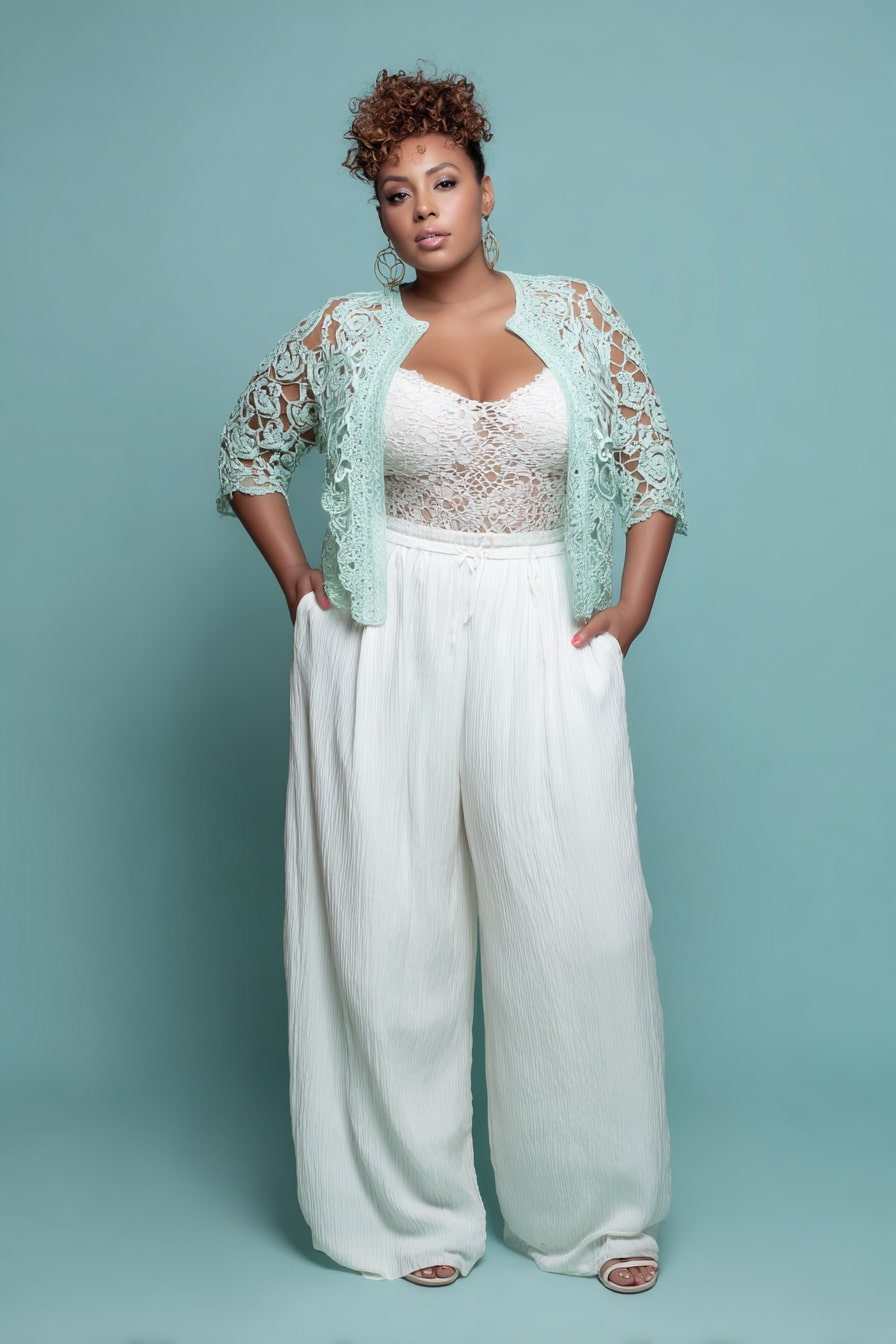 Lace Mint Kimono + Flowing White Trousers