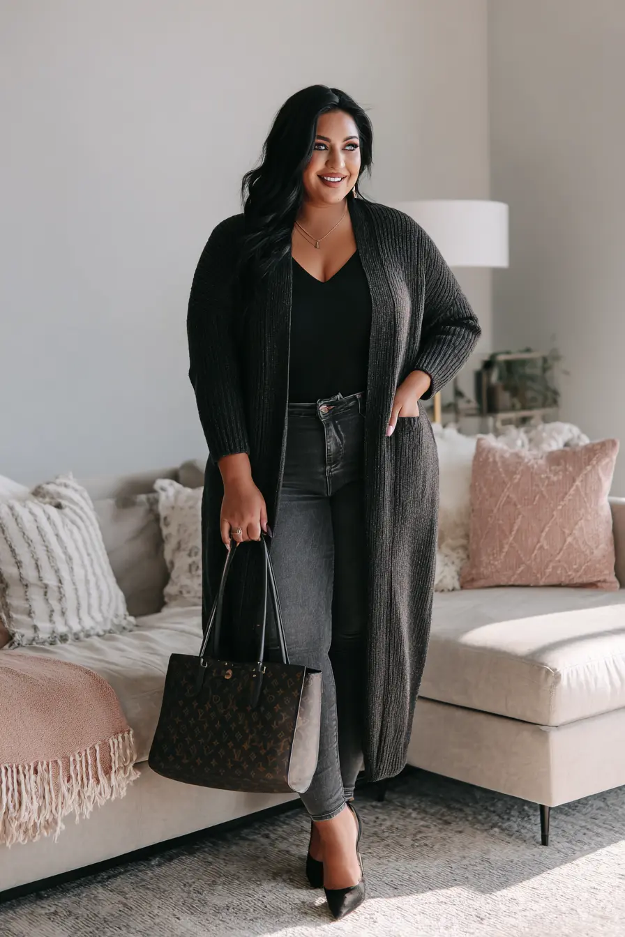 Black Long Cardigan with Skinny Jeans and Heels