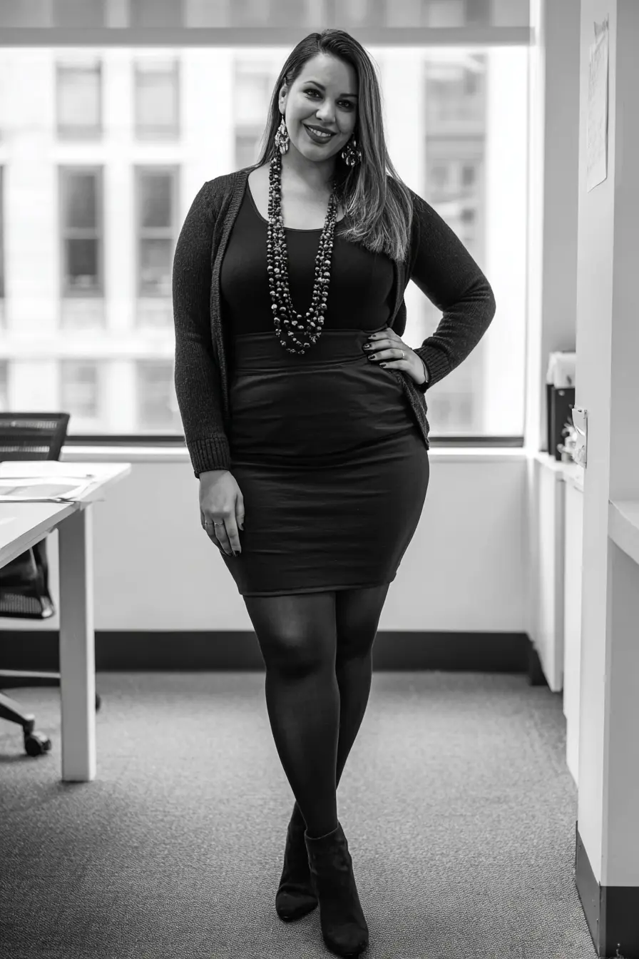 Caramel Cardigan with Classic Black Dress