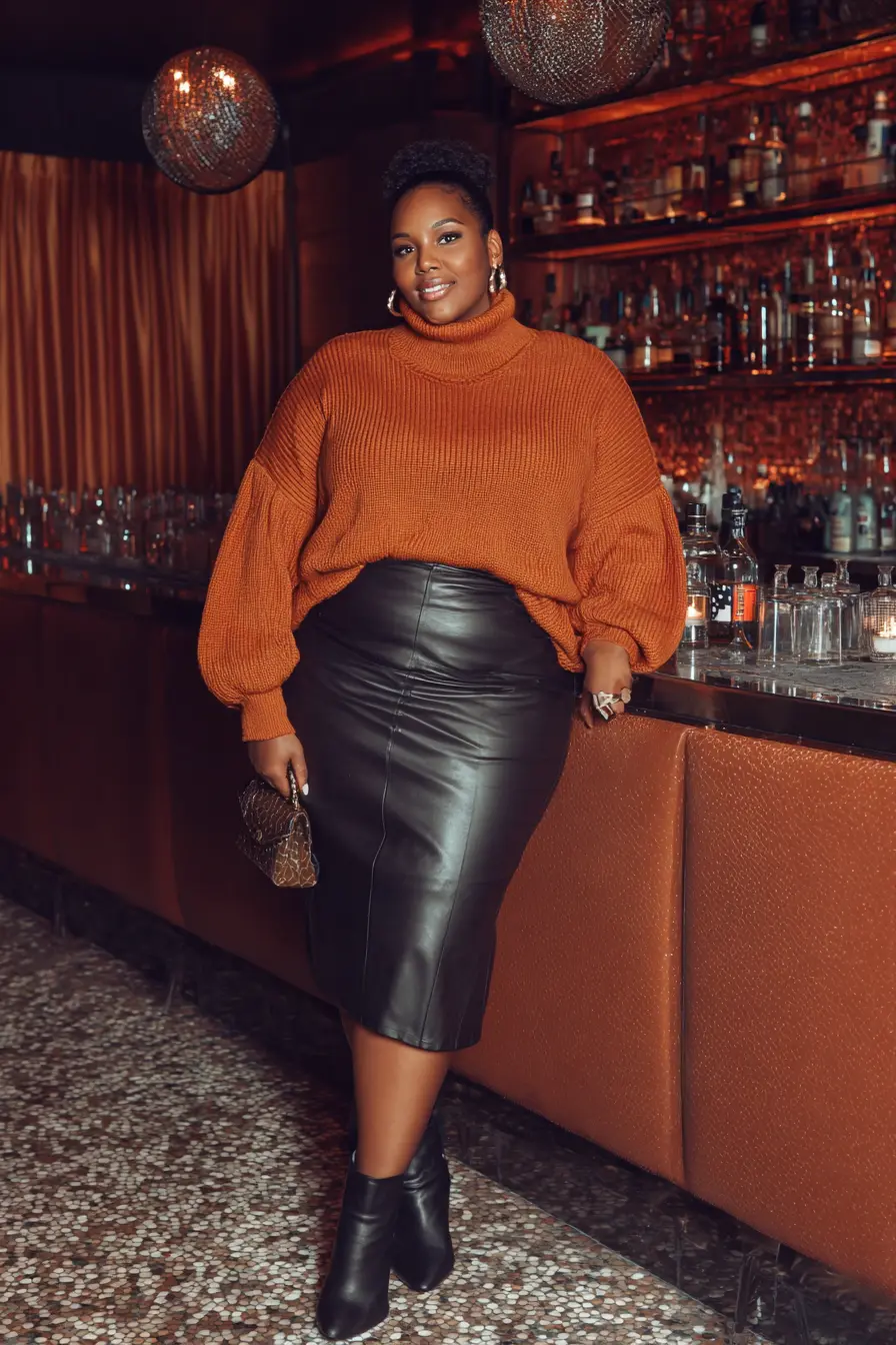 Chunky Knit Sweater with Leather Skirt