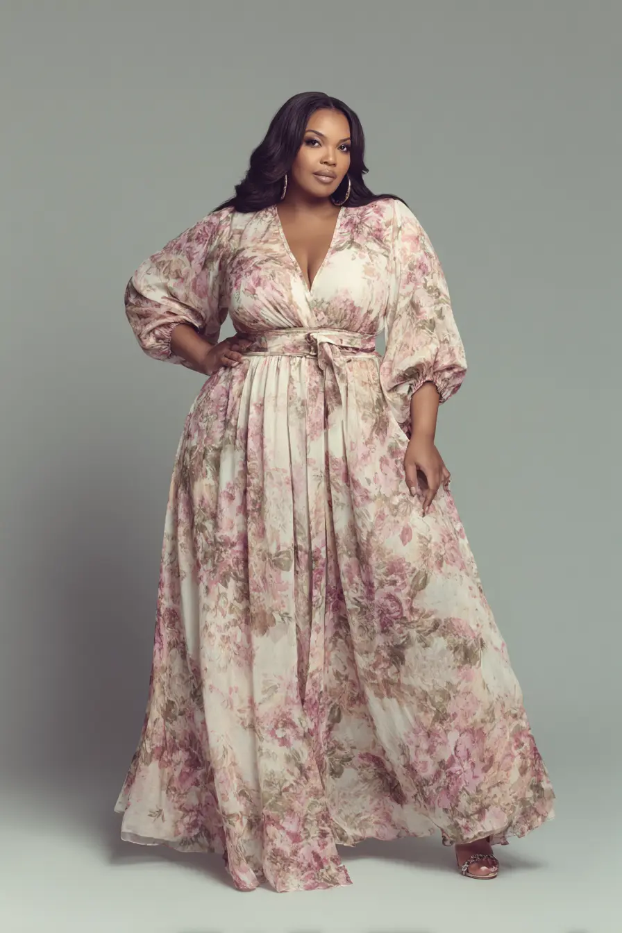 Champagne Floral Chiffon Maxi Dress for Fall Weddings