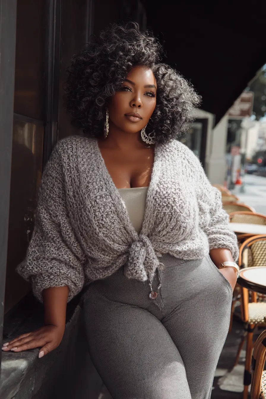 Chunky Knit Cardigan with Textured Pants