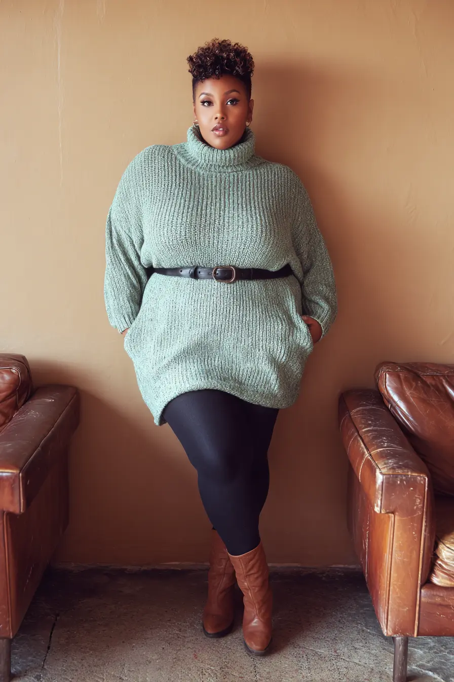 Sage Green Knit Tunic with Belted Waist and Boots