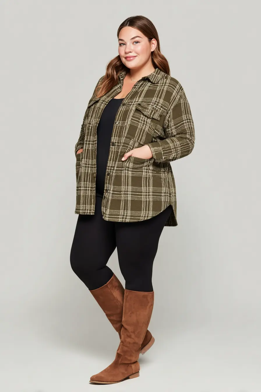 Plaid Shacket with Leggings and Tall Boots