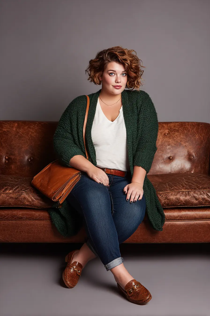 Wrap Cardigan with Button-Fly Flare Jeans and Loafers