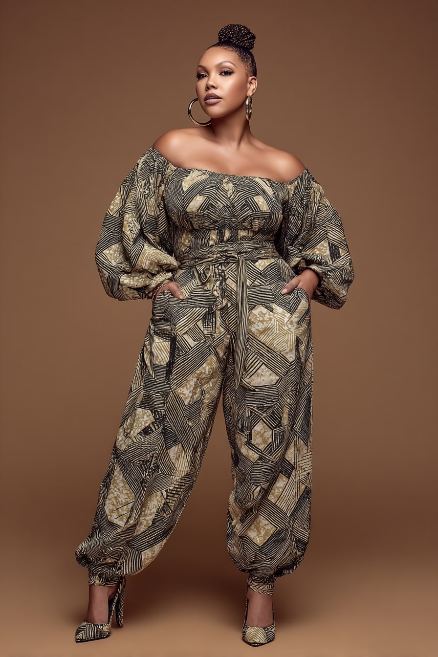 Off-Shoulder Ankara Jumpsuit in Earth Tones