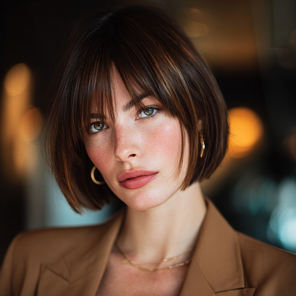 Caramel Ribbon Highlights Bob with Bangs