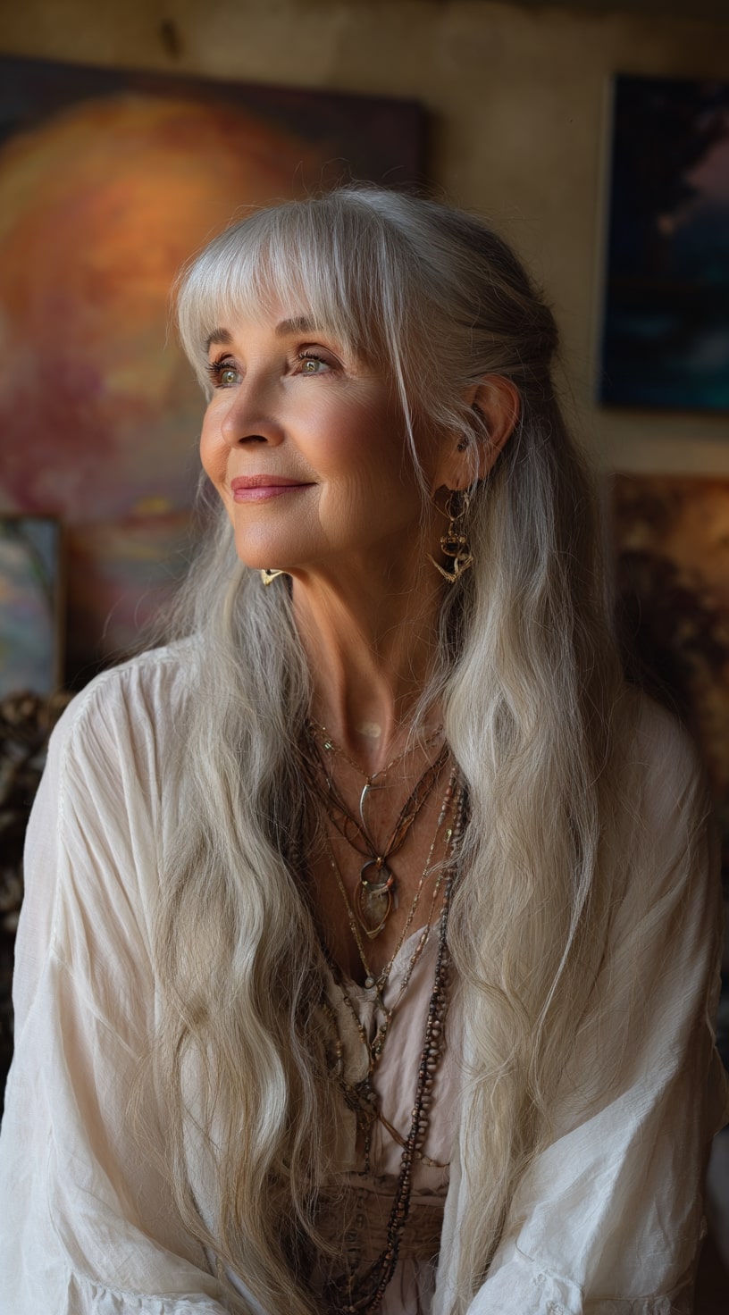 Long Silver Waves with Soft Curtain Bangs