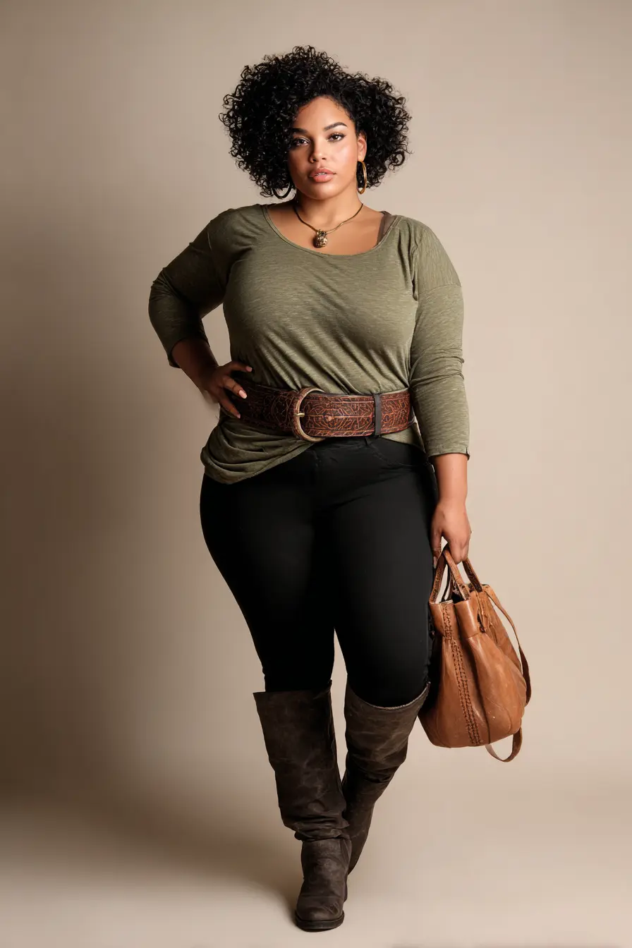 Olive Tunic with Skinny Pants and Tall Boots