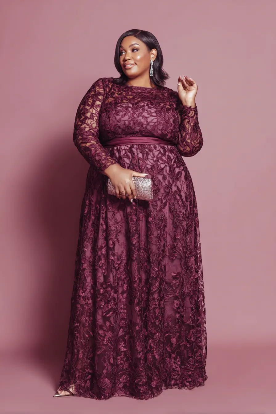 Burgundy Lace Long Sleeve Gown for Fall Weddings