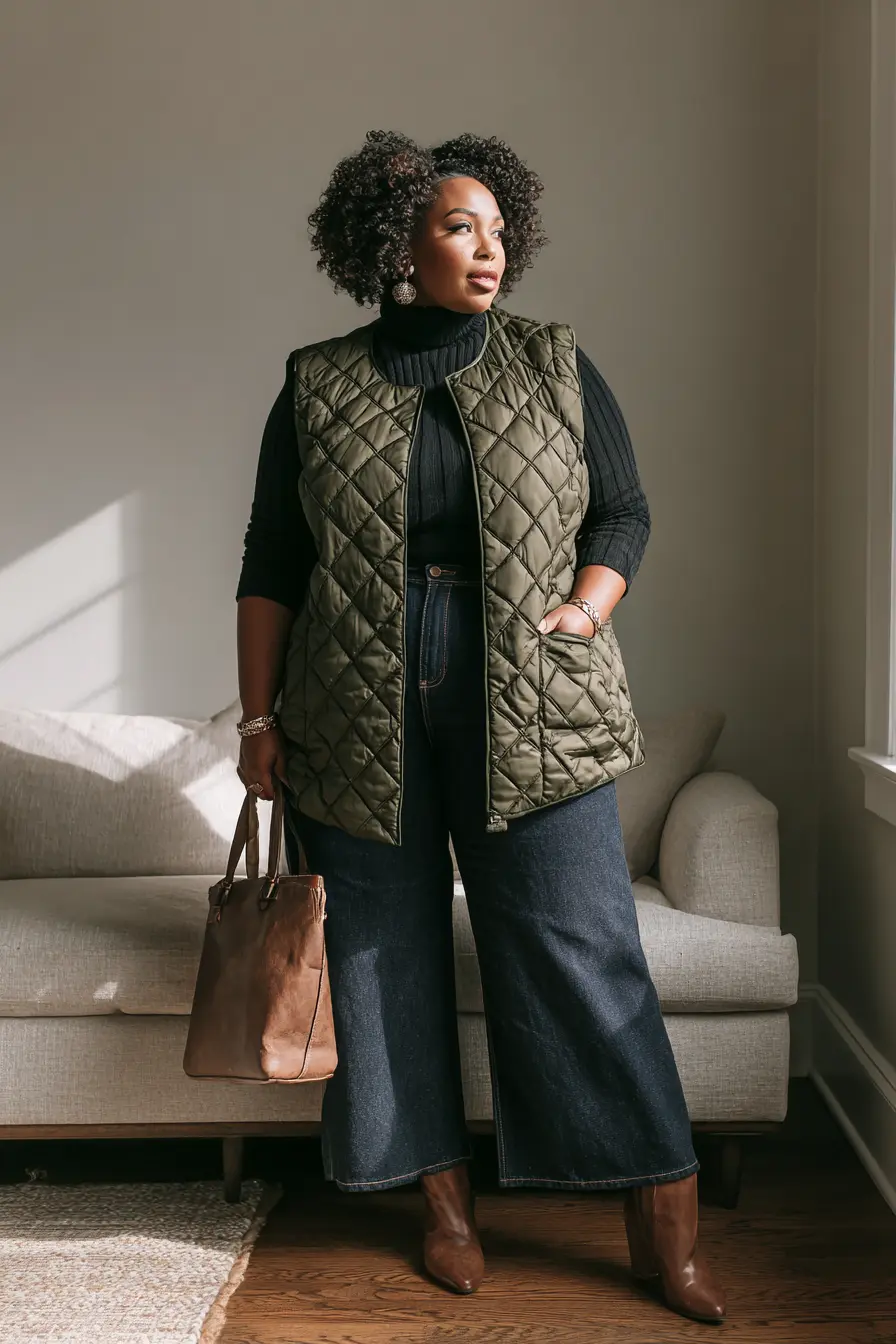 Emerald Green Quilted Vest with Wide-Leg Denim