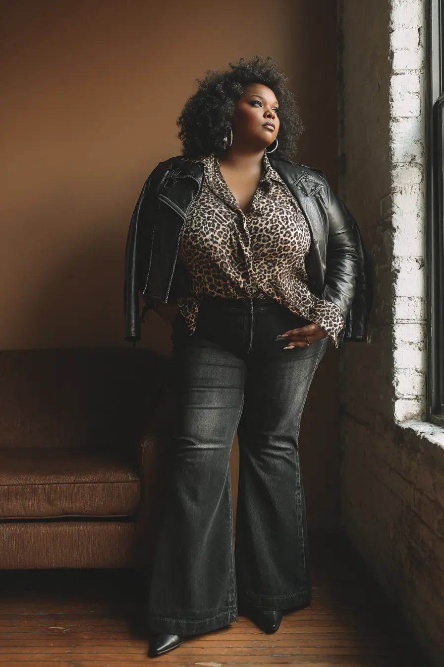 Leopard Print Blouse with Black Flare Jeans and Leather Jacket