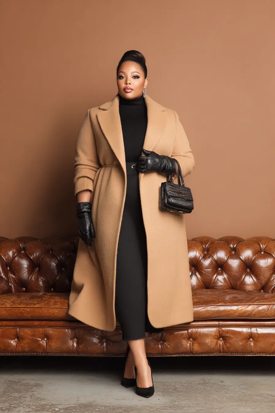 Camel Midi Coat with Black Accents