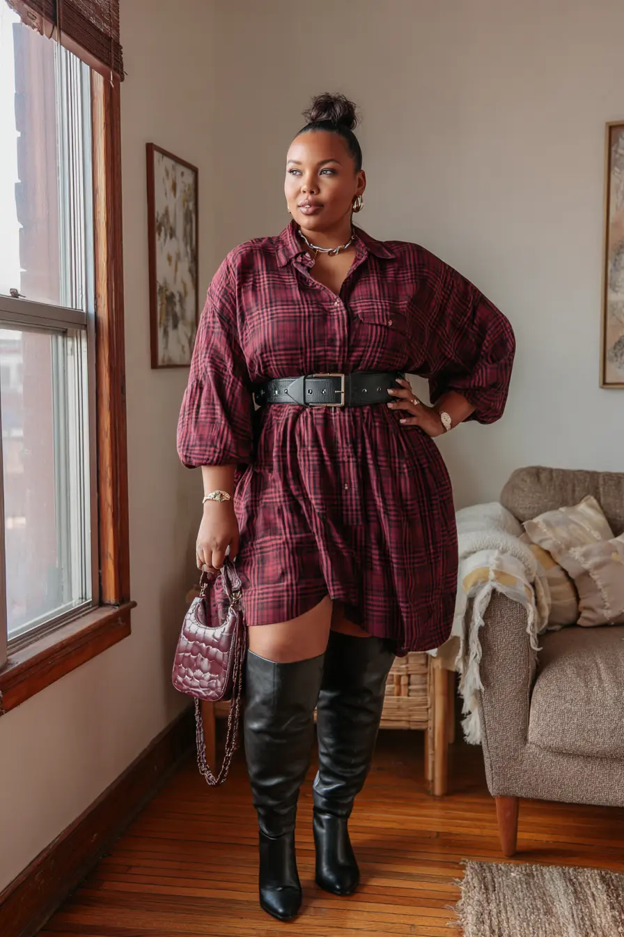 Oversized Flannel Shirt Dress with Thigh High Boots