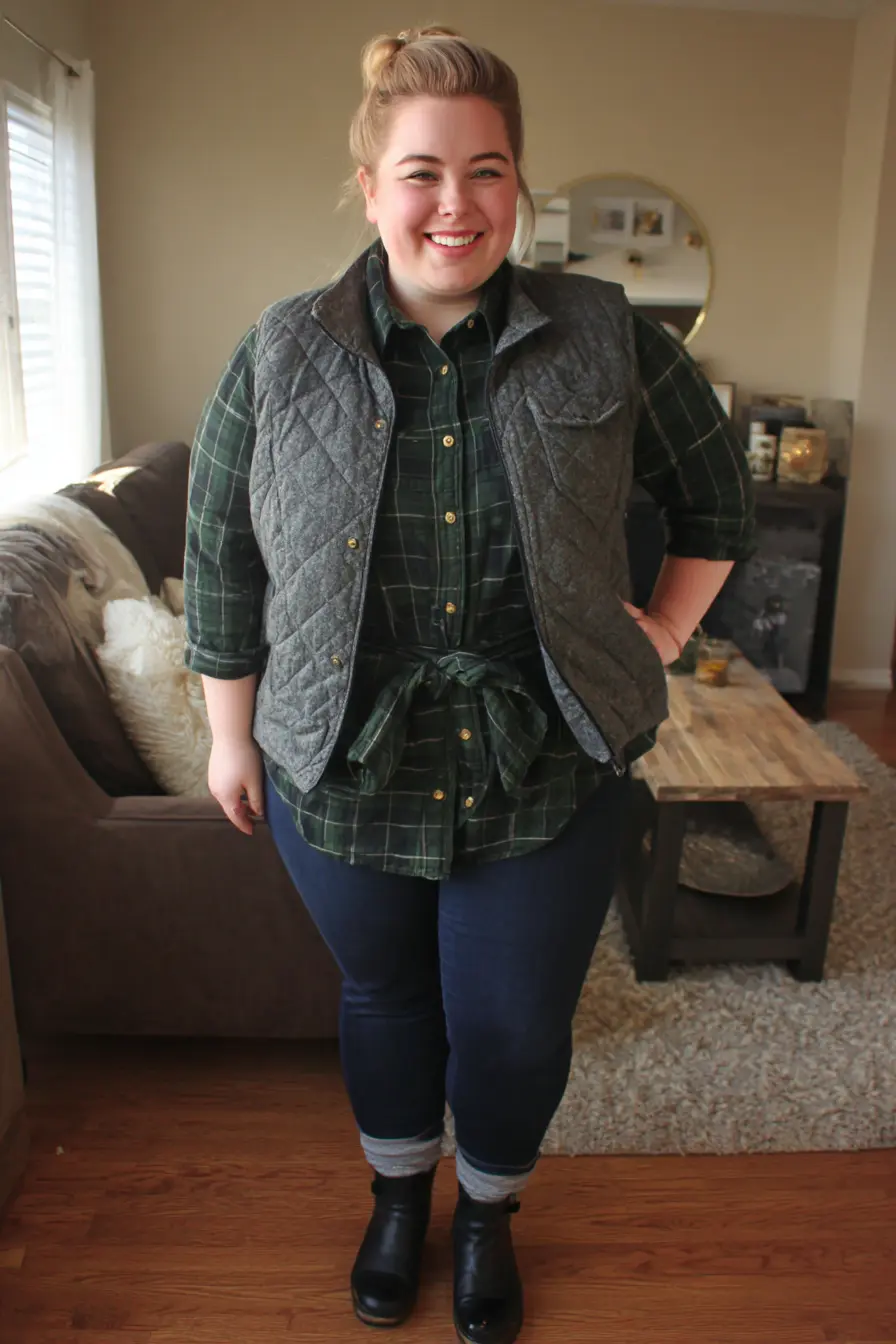 Quilted Vest with Plaid Shirt and Denim