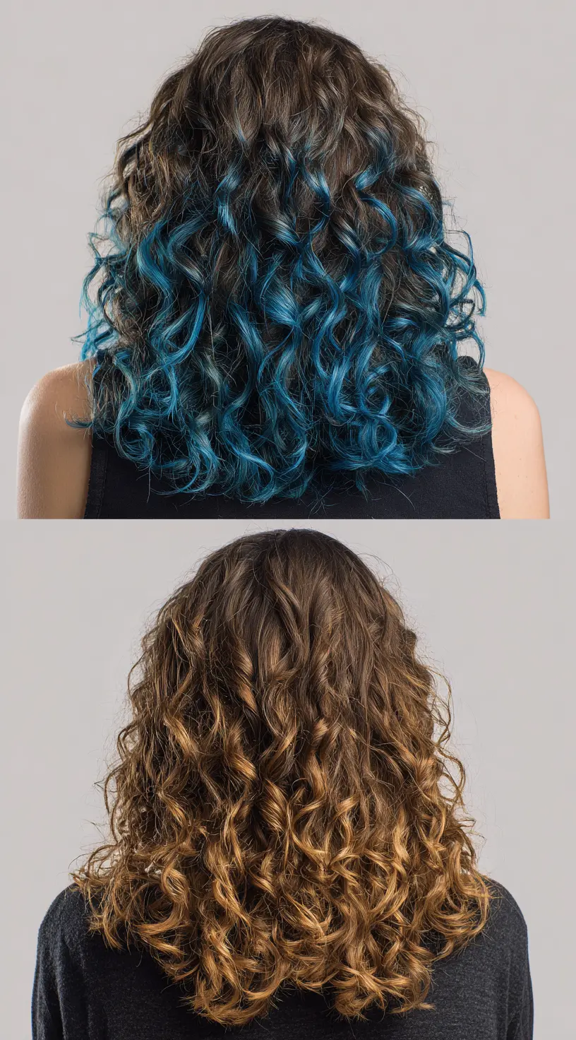 Bold Electric Blue Balayage Transformation on Curly Hair