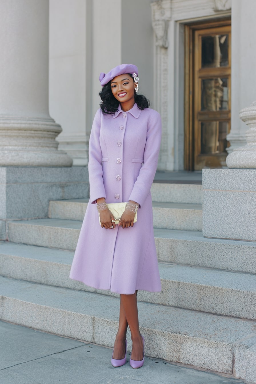 Lilac Coat Dress + Soft Beret Accent