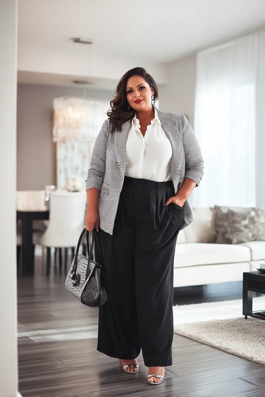 Classic Blazer with Wide-Leg Trousers and White Blouse