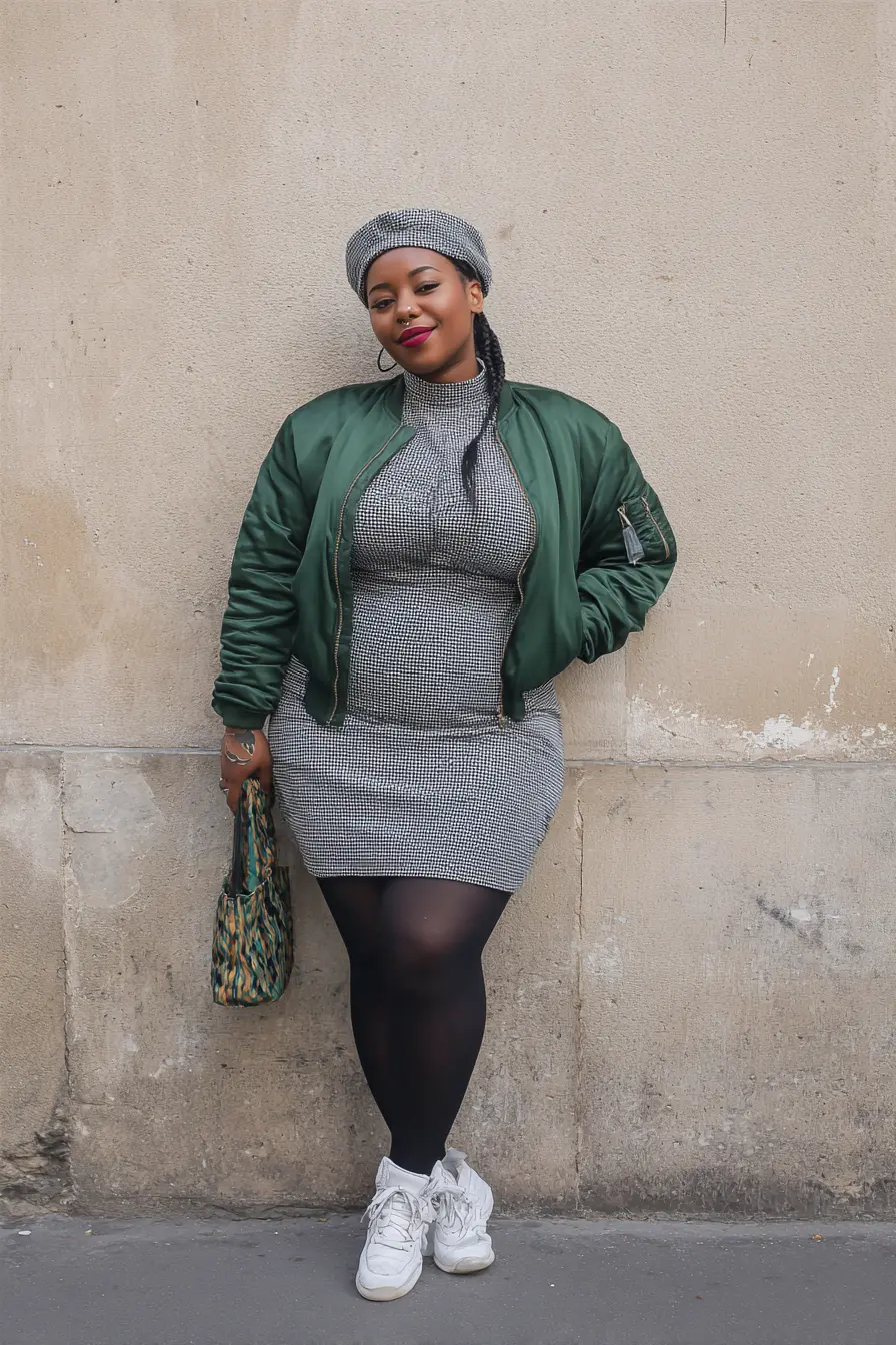 Bomber Jacket With Playful Sweater Dress