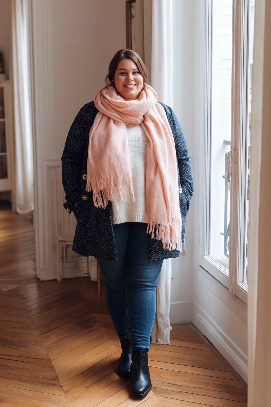 Coral Pink Scarf with Navy Wool Peacoat and Denim