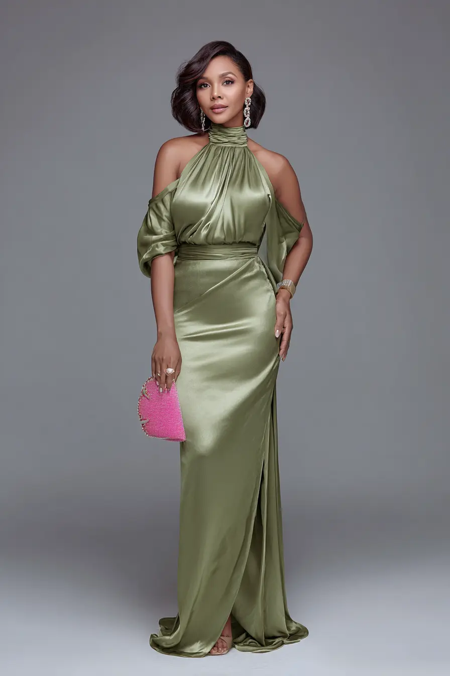 Olive Green Satin Cold-Shoulder Maxi Dress for Fall Weddings