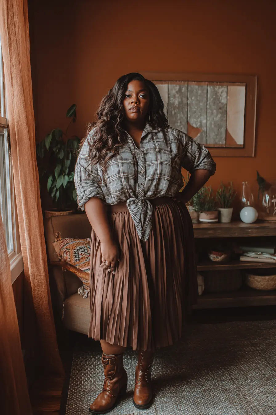 Plaid Flannel with Pleated Skirt and Lace-Up Boots