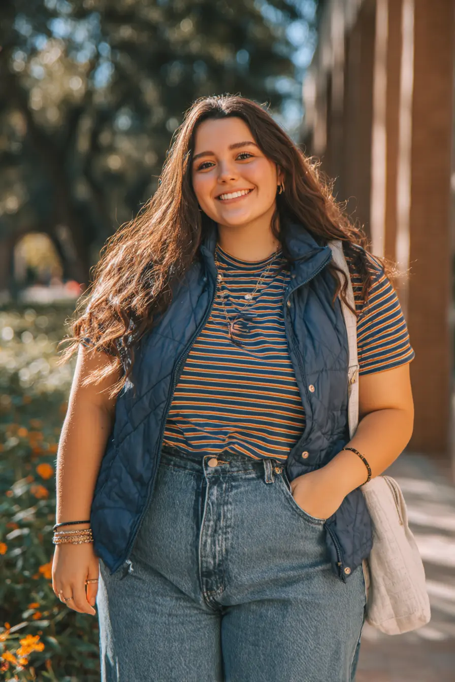 Quilted Vest with Striped Tee and Stonewashed Flare Jeans