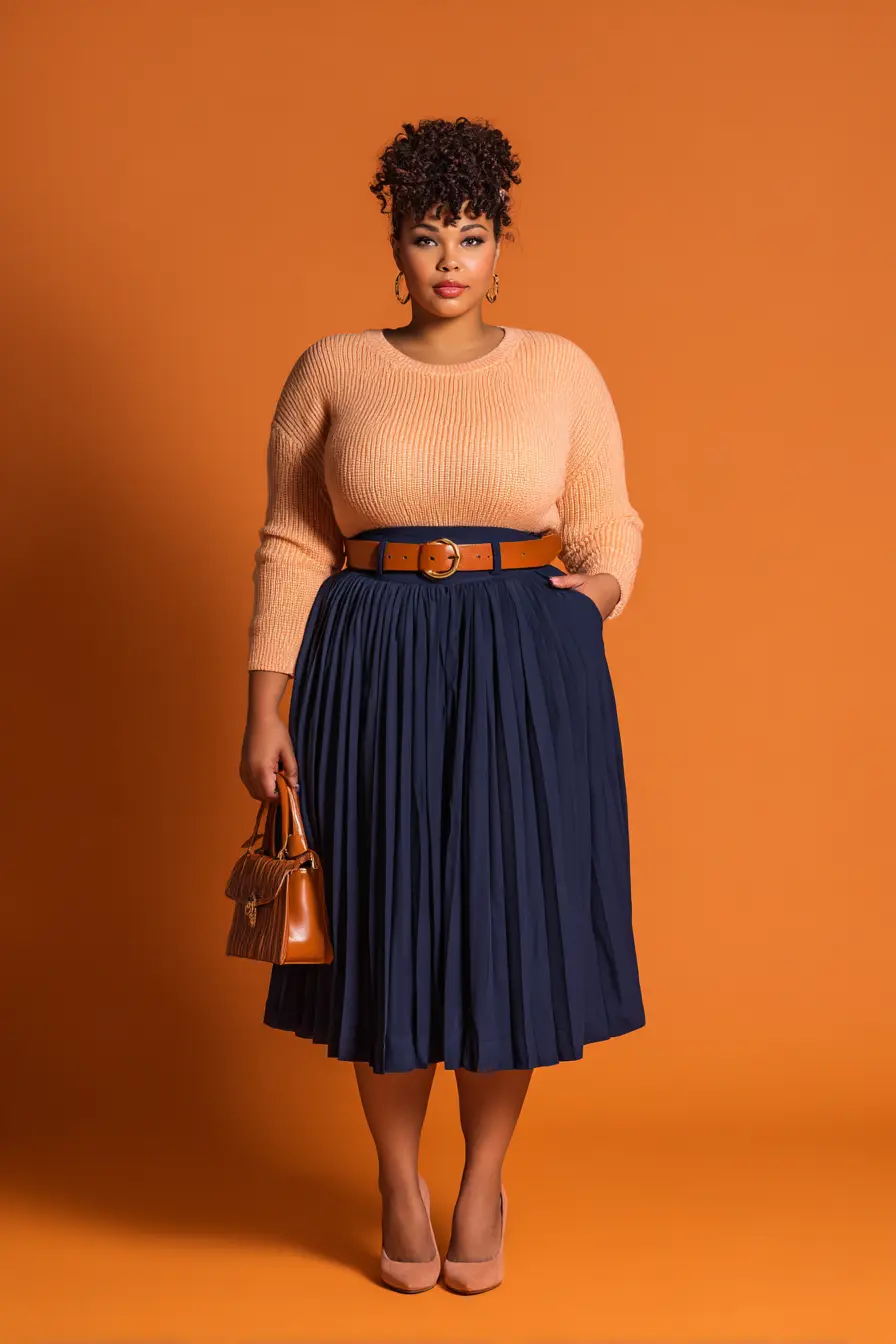 Ribbed Mock Neck with Pleated Midi Skirt