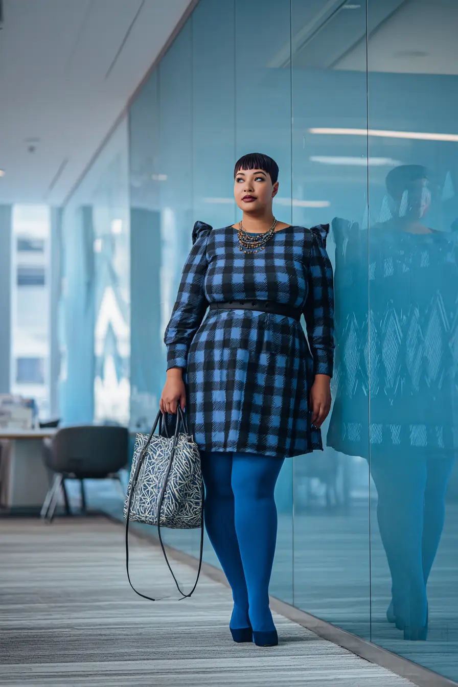 Blue Plaid Dress with Bold Tights
