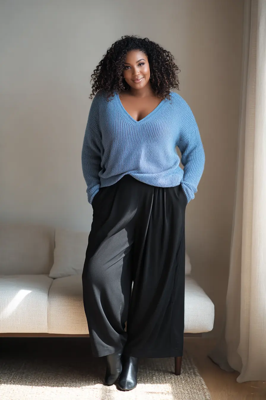 V-Neck Sweater with Culottes and Boots