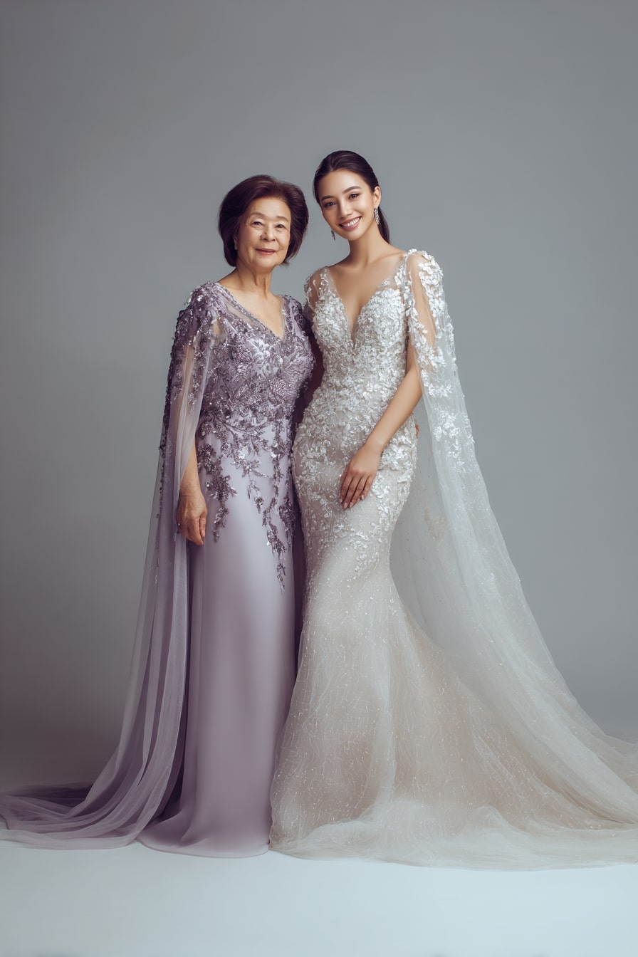 Lavender Cape Sleeves + Embroidered Column Gown