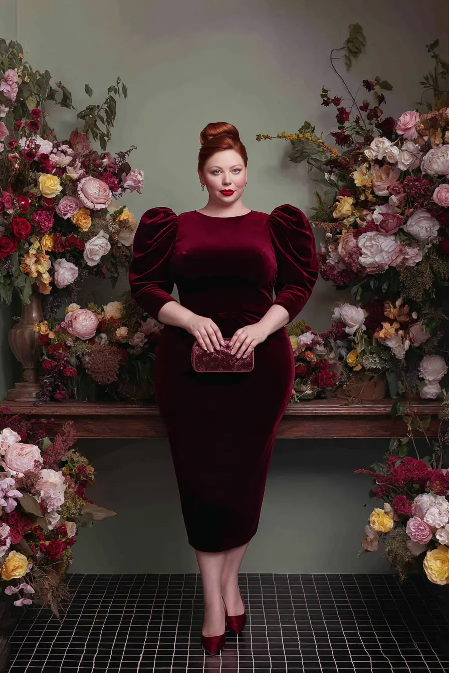 Plus Size Burgundy Velvet Midi Wedding Guest Dress