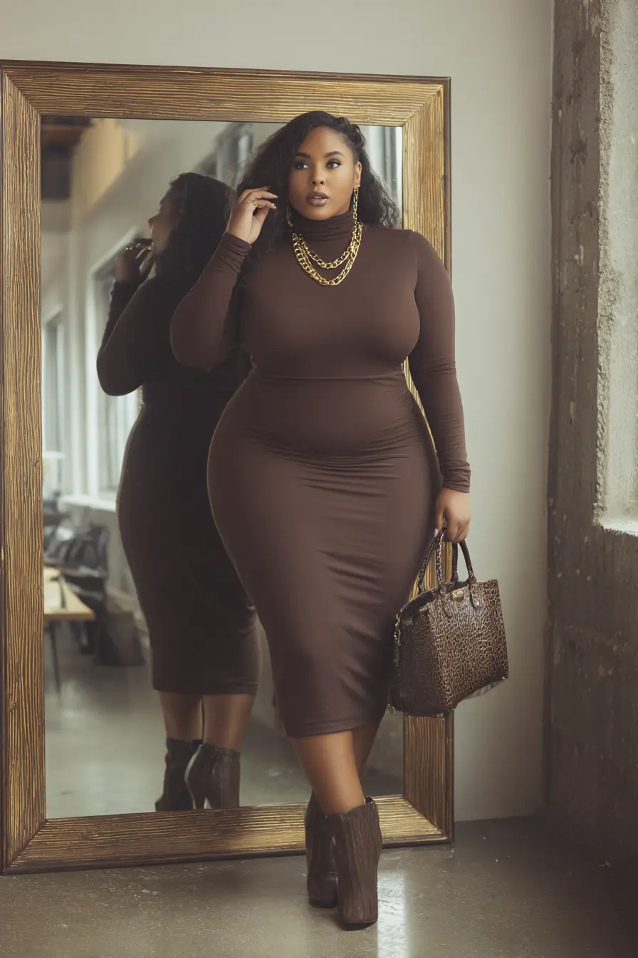 Chocolate Brown Sweater Dress with Gold Accents