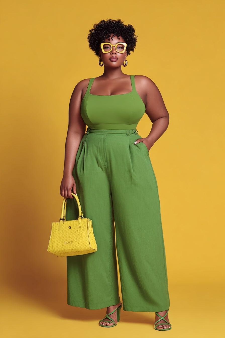 Bold Green Wide-Leg Set with Yellow Accents