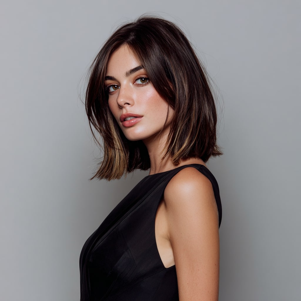 Short Brunette Bob with Caramel Balayage Ends