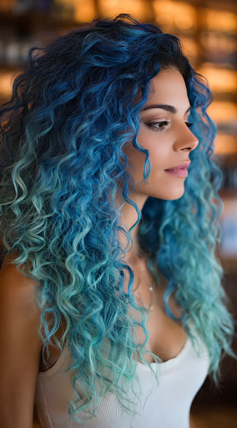 Ocean Wave Electric Blue Balayage on Long Curly Hair