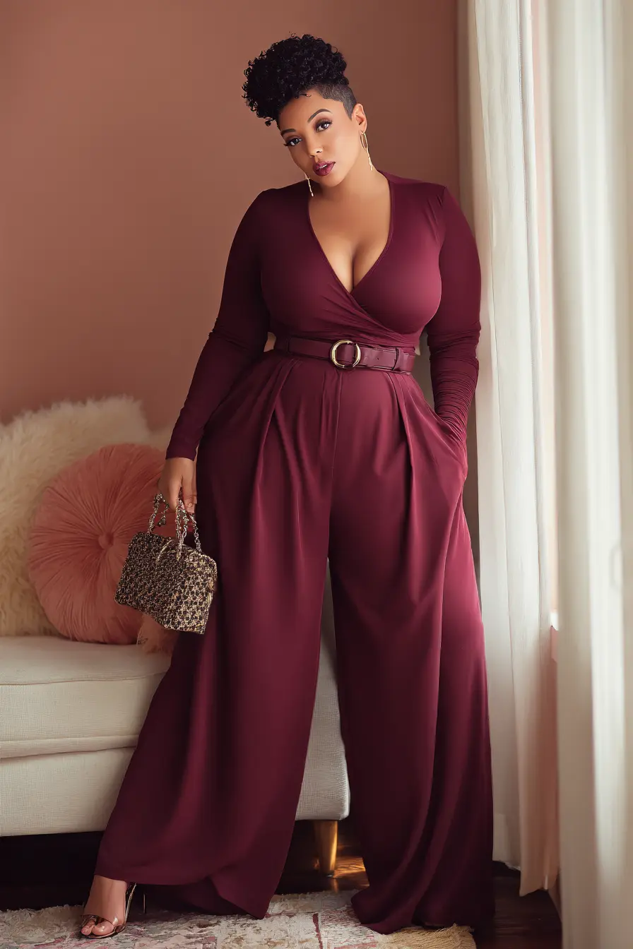 Burgundy Wrap Jumpsuit with Wide-Leg Pants