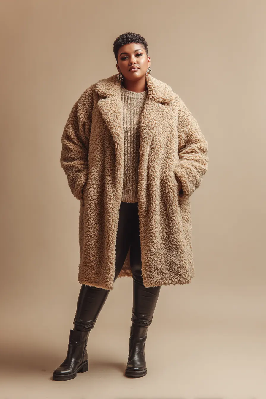 Camel Teddy Coat with Leather Pants and Boots