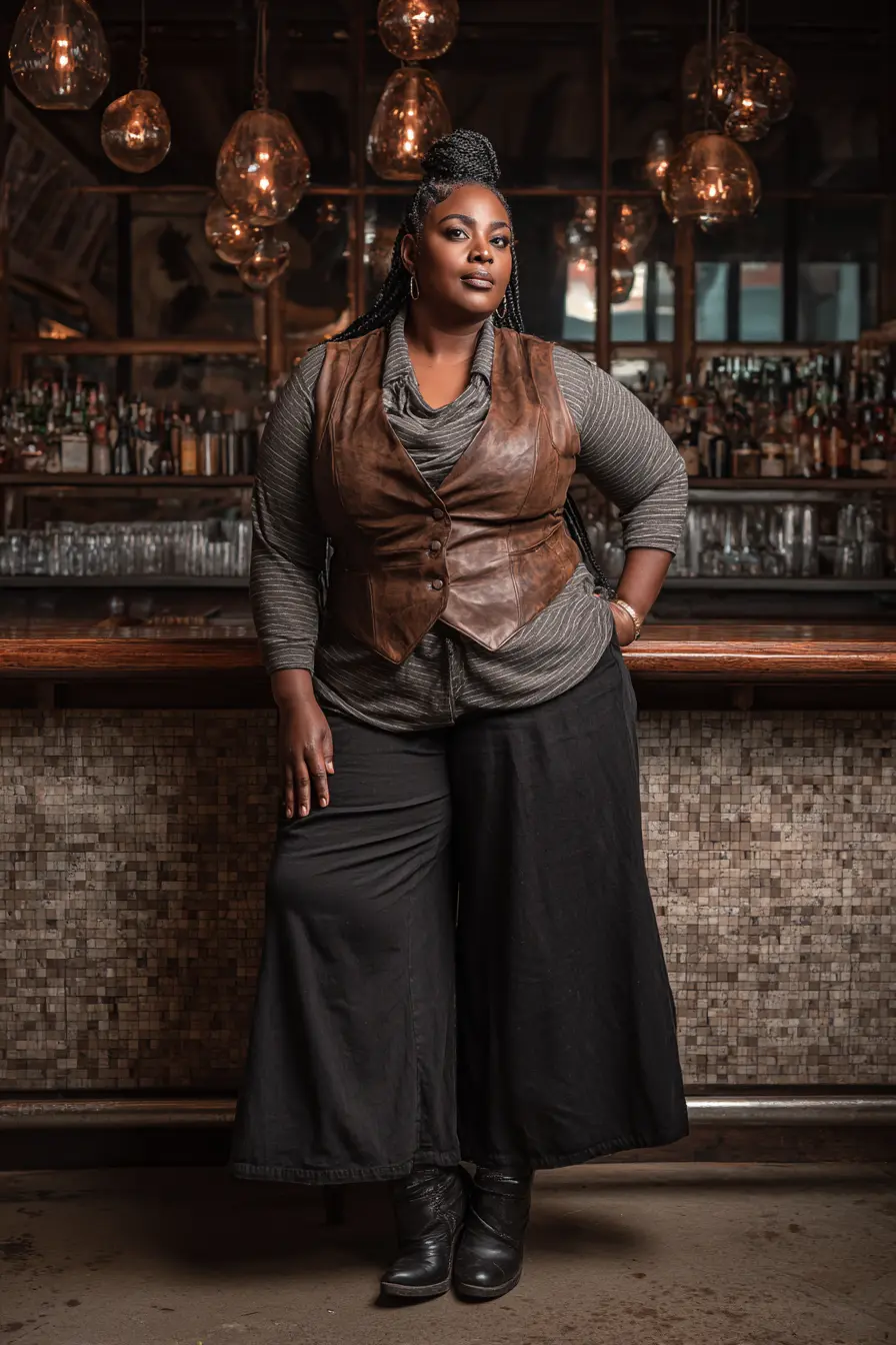 Leather Vest with Wide-Leg Confidence